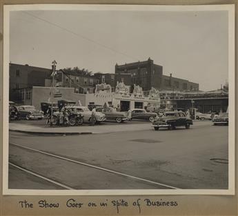 (LANCASTER, PENNSYLVANIA) A scrapbook with 28 photographs entitled The Old and the New, made for the re-opening of a gas station.